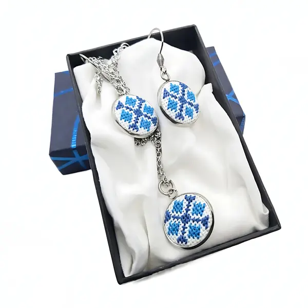Set bijuterii inox broderie traditionala model etno albastru cross