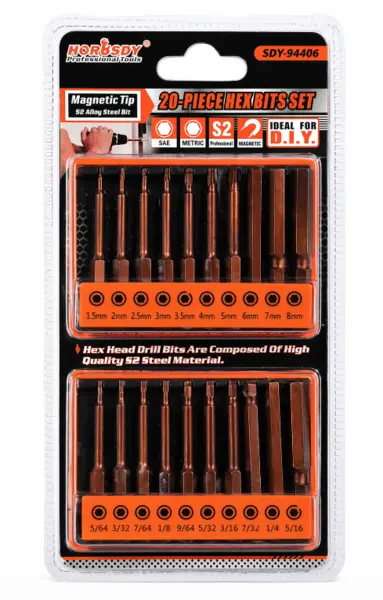 Set biti hexagonali 20 piese HORUSDY S2 magnetici metric si inch pentru bormasina/surubelnita