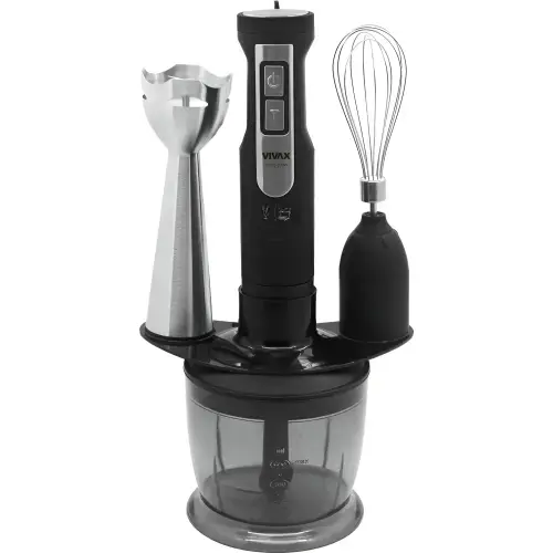 Set blender 3 in 1 Vivax HBS-500X, 500W, 0.6l, 2 viteze, Turbo, lama otel inoxidabil, maner detasabil, tel, suport accesorii (Negru/Argintiu)