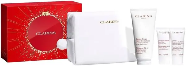 Set Body Care Clarins - Loțiune, Cremă de mâini și Scrub, 200 + 2 x 30 ml + Neceser