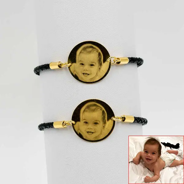 Set bratari piele cu argint placat cu aur personalizate prin gravura - Banut 22mm