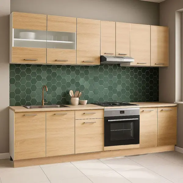 Set bucatarie GERMANIA 240 cm, 8 corpuri, corp cuptor, blat gros, sonoma