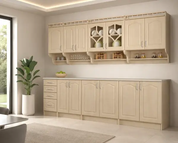 Set Bucatarie Korona Mebel MDF Mesteacan cu blat intreg 260x60x200 cm