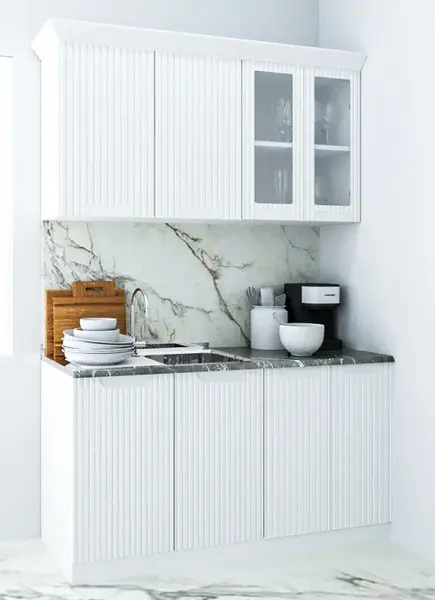 Set bucatarie SPACE 140 cm, 4 corpuri, blat termorezistent, fronturi MDF, alb rustic