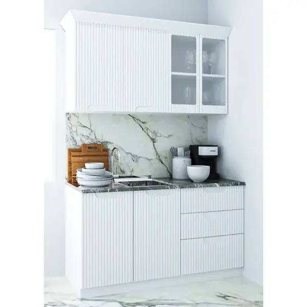 Set bucatarie SPACE 140 cm, 4 corpuri, cu sertare, blat termorezistent, fronturi MDF, alb rustic