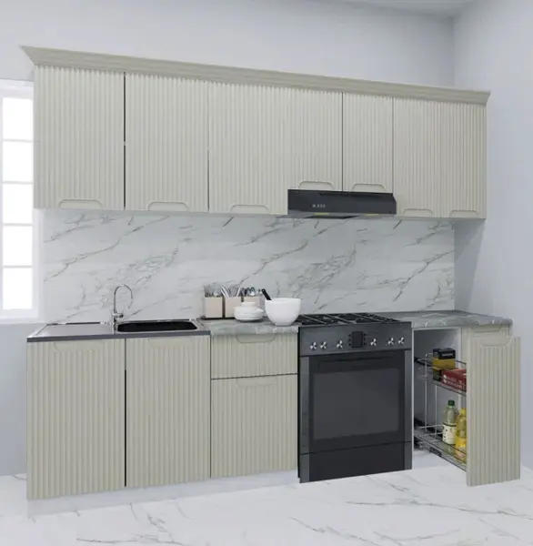 Set bucatarie SPACE 240 cm, 8 corpuri, corp Jolly, blat termorezistent, fronturi MDF, crem