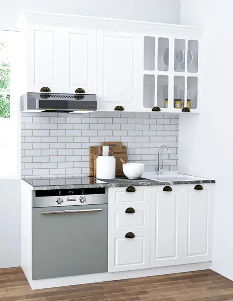 Set bucatarie SQUARE 160 cm, 6 corpuri, corp cuptor, blat termorezistent, fronturi MDF, alb rustic