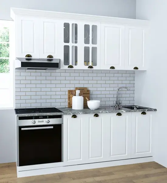 Set bucatarie SQUARE 200 cm, 6 corpuri, corp cuptor, blat termorezistent, fronturi MDF, alb rustic