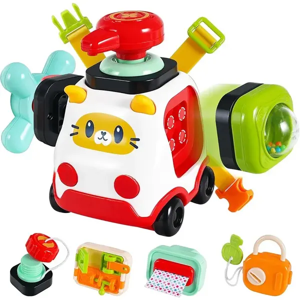 Set Busy Board modular pentru copii - 10 piese cu masinuta si activitati senzoriale