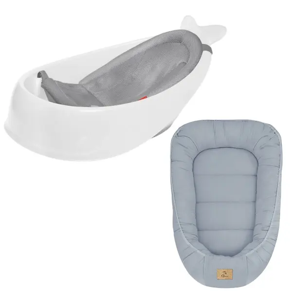 Set Cadita inteligenta, Skip Hop, Pentru 3 etape de crestere, Alb si cosulet bebelus, Qmini, 55 x 75 cm, Husa 100% muselina dubla, Jeans