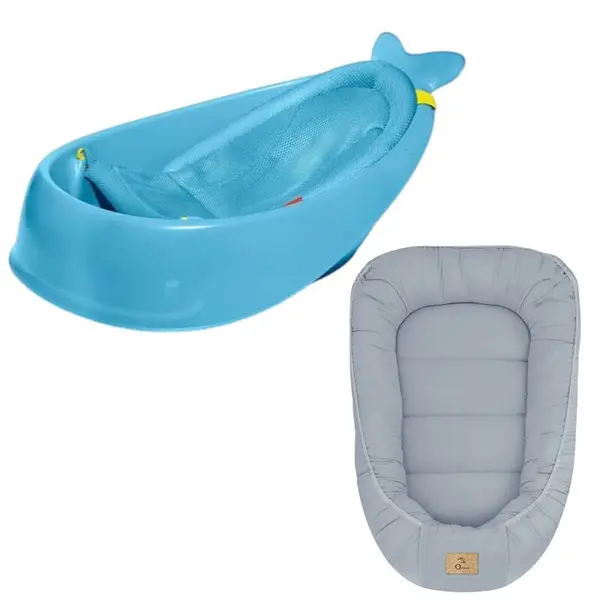 Set Cadita inteligenta, Skip Hop, Pentru 3 etape de crestere, Albastru si cosulet bebelus, Qmini, 55 x 75 cm, Husa 100% muselina dubla, Jeans