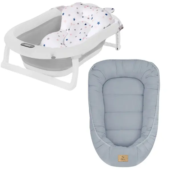 Set cadita pliabila Genua Premium, cu termometru, dop si suport anatomic, Gri si cosulet bebelus, Qmini, 55 x 75 cm, Husa 100% muselina dubla, Jeans
