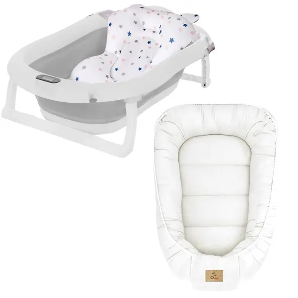 Set cadita pliabila Genua Premium, cu termometru, dop si suport anatomic, Gri si cosulet bebelus, Qmini, 55 x 75 cm, Husa 100% muselina dubla, Cream