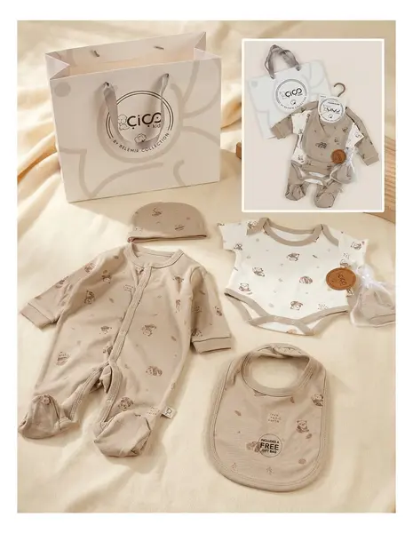 Set cadou 5 piese, imprimeu panda, bej