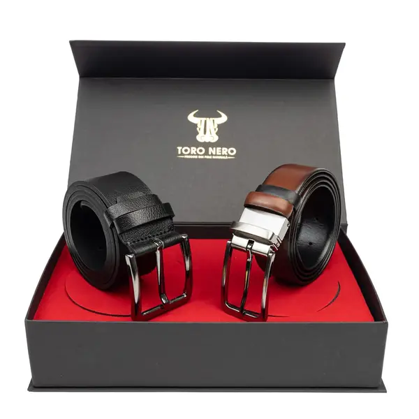 Set cadou barbati din piele naturala curea casual+curea eleganta negru-maro Verso-Modern Night - 125 cm