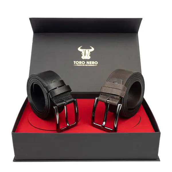 Set cadou barbati din piele naturala curea casual+curea eleganta negru-maro Night-Industrial - 115 cm