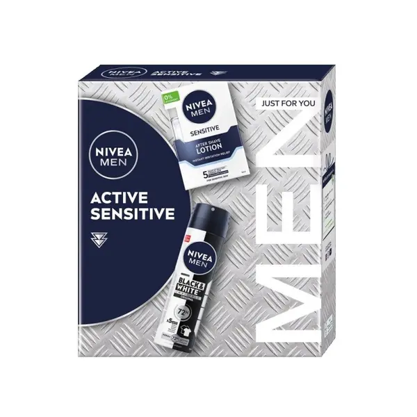 Set Cadou Barbati Nivea Active Sensitive, Lotiune dupa Ras, 100 ml si Deodorant Spray Invisible Black & White Power, 150 ml