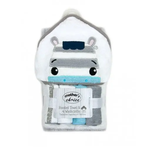 Set cadou bebelusi cu 4 mini prosopele si prosop cu gluga din bumbac zebra
