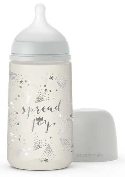 Set cadou biberon 270 ml + suzeta 0-6m si clema Spread Joy Suavinex Silver Premium