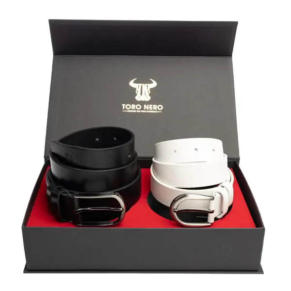 Set cadou din piele naturala curea femei+curea barbati alb-negru Elegant-Matte - 130 cm / 105 cm