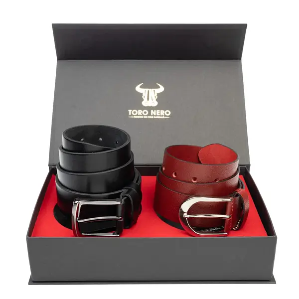 Set cadou din piele naturala curea femei+curea barbati negru-rosu Thick-Smooth - 120 cm / 120 cm