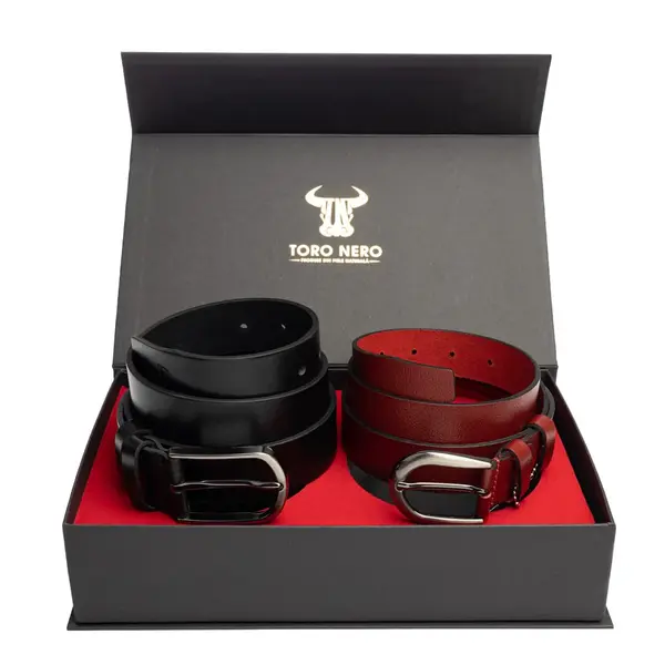Set cadou din piele naturala curea femei+curea barbati negru-rosu Middle-Matte - 135 cm / 135 cm