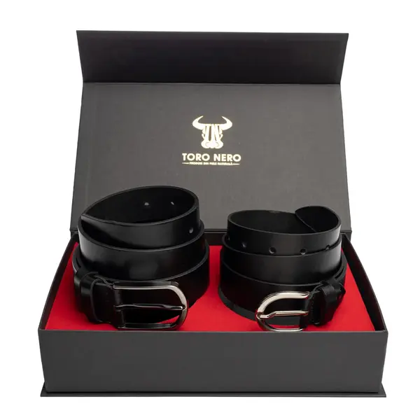 Set cadou din piele naturala curea femei+curea barbati negru Middle-Matte - 135 cm / 135 cm