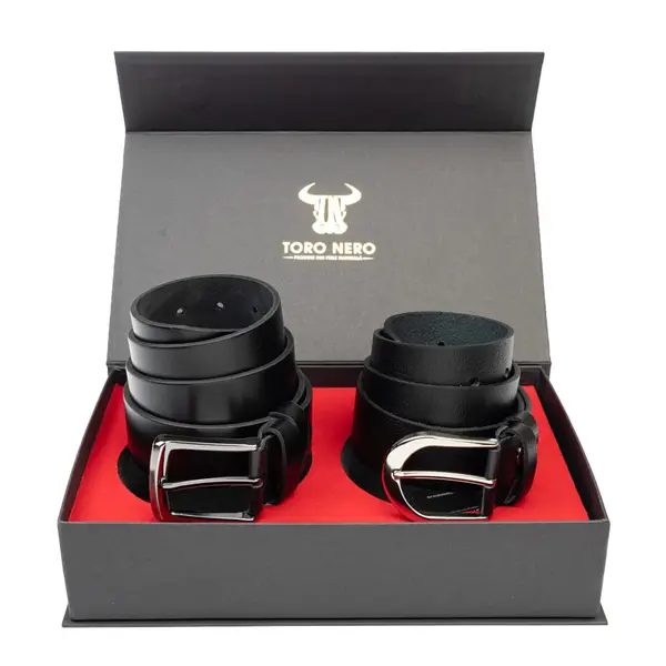 Set cadou din piele naturala curea femei+curea barbati negru Thick-Smooth - 115 cm / 110 cm