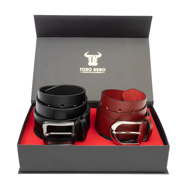 Set cadou din piele naturala curea femei+curea barbati negru-rosu Thick-Night - 135 cm / 110 cm