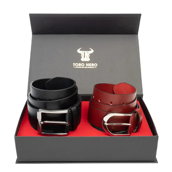 Set cadou din piele naturala curea femei+curea barbati negru-rosu Thick-Modern Night - 135 cm / 135 cm