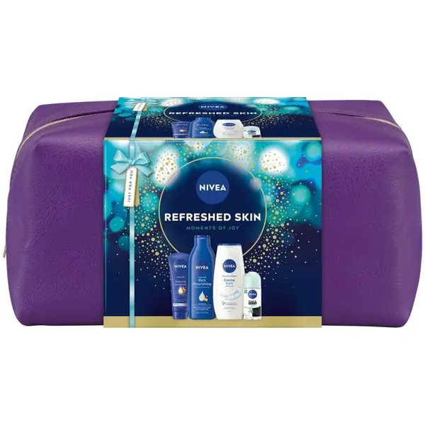 Set Cadou Femei Nivea Refreshed Skin, Lapte Corp 250 ml, Gel Dus 250 ml, Deodorant Roll-on 50 ml, Crema Maini 100 ml, Geanta