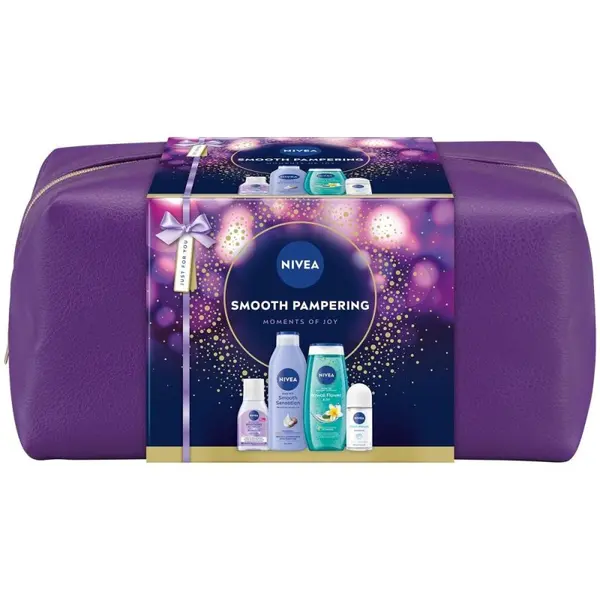 Set Cadou Femei Nivea Smooth Pampering, Lotiune Corp 250 ml, Gel Dus 250 ml, Roll-on 50 ml, Apa Micelara 100 ml, Geanta