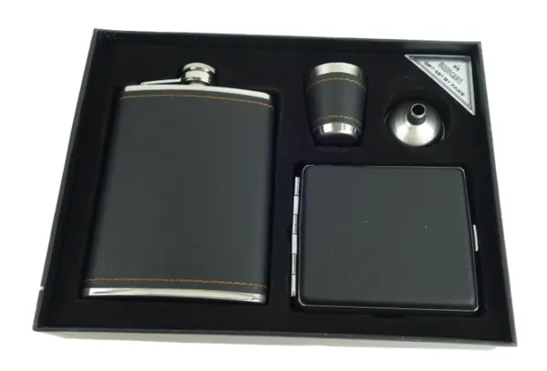 Set cadou format din 4 piese plosca palnie pahar tip shot si tabachera NEGRU SIMPLU