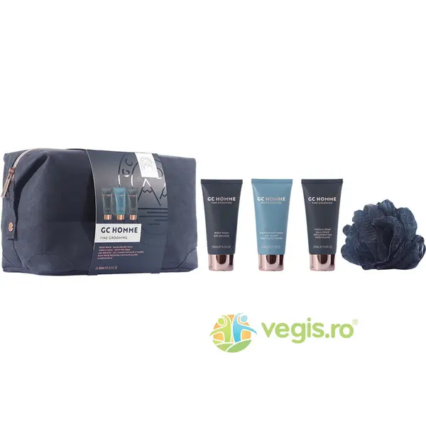 Set Cadou Groom&Go GC Homme Fine Grooming Gel de Dus 100ml + Sampon pentru Par si Barba 100ml + Spuma de Baie 100ml + Burete Exfoliant de Corp 1buc + Portfard Reutilizabil 1buc