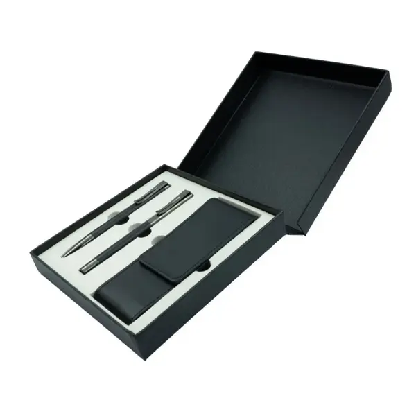 Set cadou Office Cover cu stilou, pix si etui, metalic negru cu argintiu, in cutie cadou