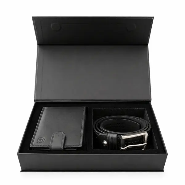 Set cadou pentru barbati, Portofel + Curea, piele naturala, model elegant, SET39, Negru