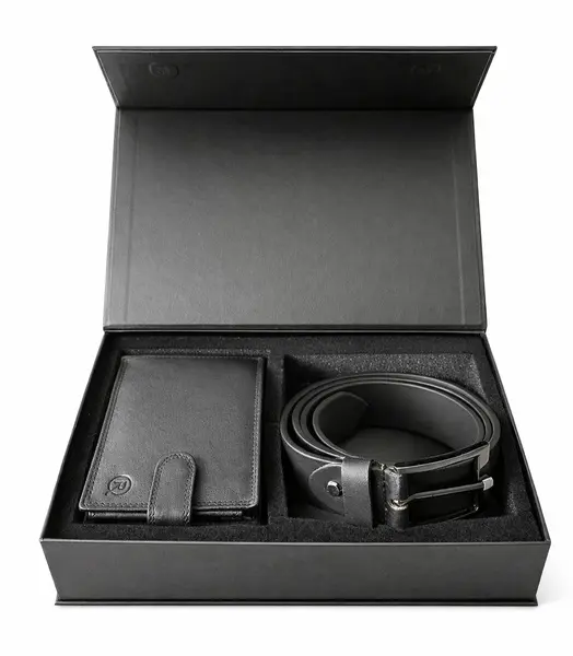 Set cadou pentru barbati, Portofel + Curea, piele naturala, model elegant, SET26, Negru