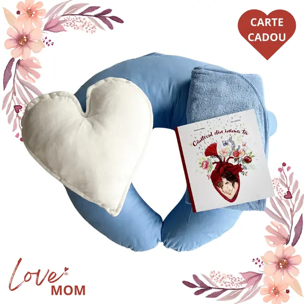 Set Cadou pentru Gravide LOVE MOM TWINDECO perna alaptare Albastră + prosop BebeHug + Pernă Inimă Catifea BONUS CARTE CADOU