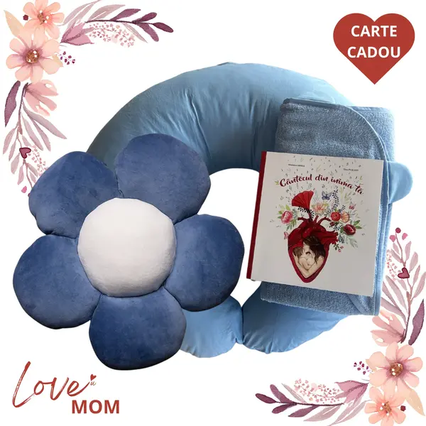 Set Cadou pentru Gravide LOVE MOM TWINDECO perna alaptare Albastră + prosop BebeHug + Pernă Floare Catifea BONUS CARTE CADOU