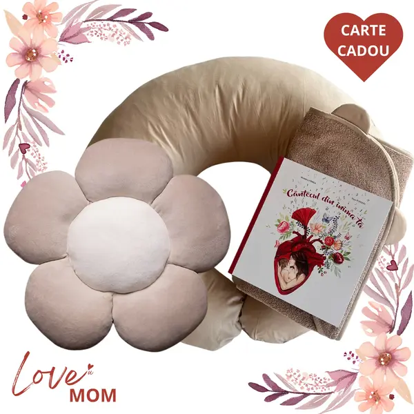 Set Cadou pentru Gravide LOVE MOM TWINDECO perna alaptare Bej + prosop BebeHug + Pernă Floare Catifea BONUS CARTE CADOU