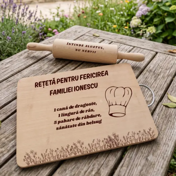 Set Cadou Personalizat: Tocator E i Sucitor din Lemn Gravat Laser , zReteta Fericirii,