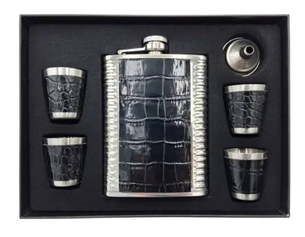 Set Cadou Plosca cu 4 Pahare si palnie model NEGRU cu ARGINTIU