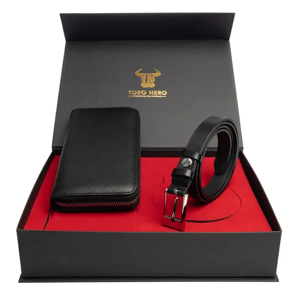 Set cadou portofel + curea din piele pentru femei negru Arya-Slim - 115 cm