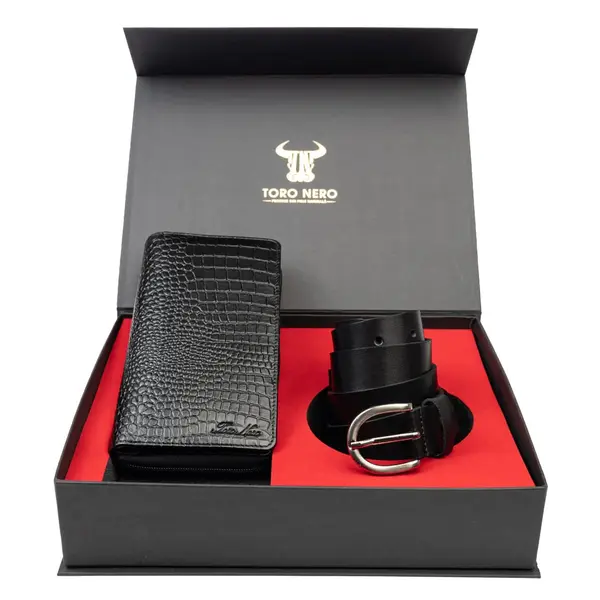 Set cadou portofel + curea din piele pentru femei negru Gia-Middle - 105 cm