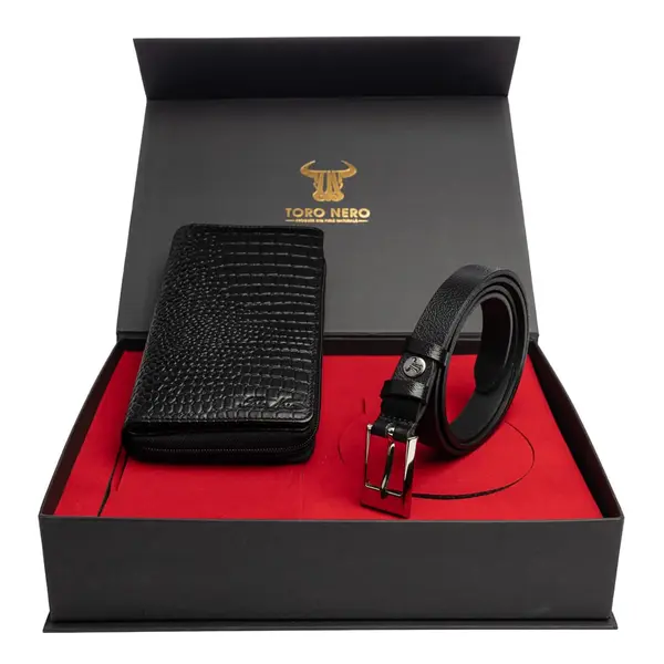 Set cadou portofel + curea din piele pentru femei negru Gia-Slim - 105 cm