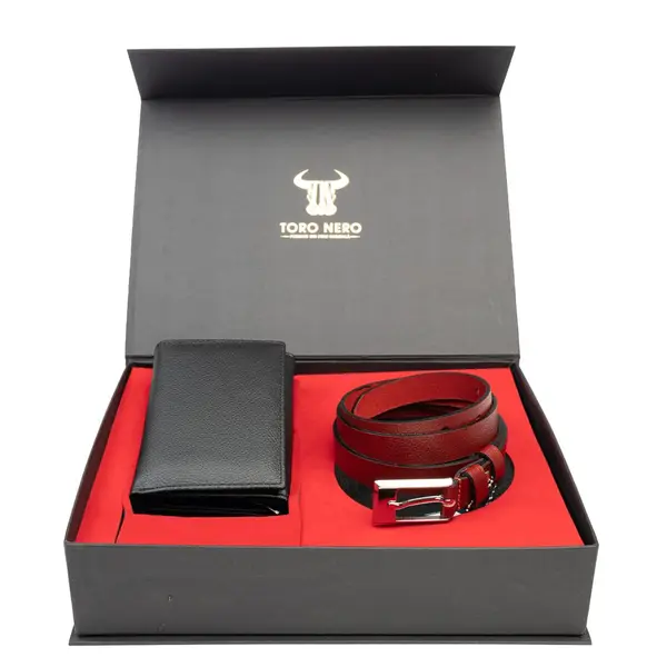 Set cadou portofel+curea din piele pentru femei negru-rosu Little-Slim - 120 cm