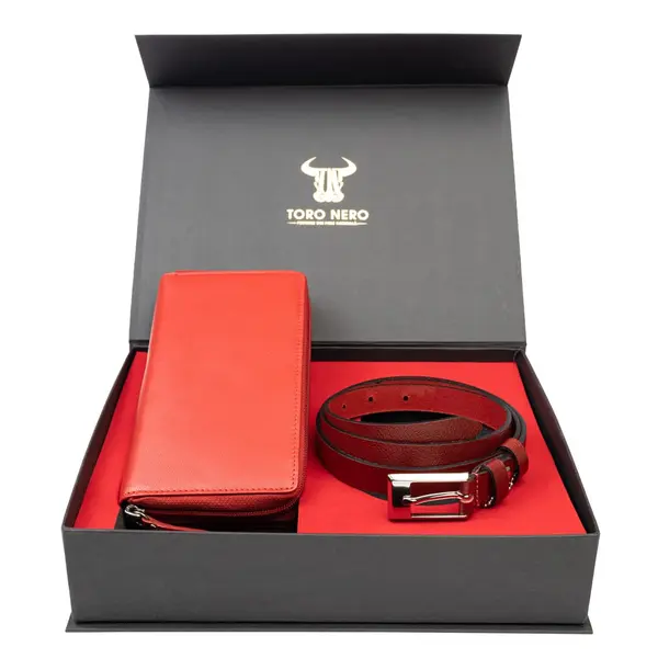 Set cadou portofel + curea din piele pentru femei rosu Gina-Slim - 105 cm