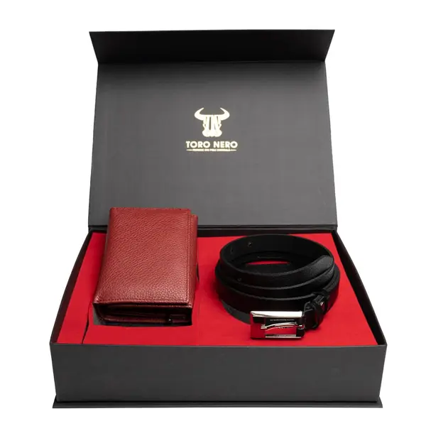 Set cadou portofel+curea din piele pentru femei rosu-negru Little-Slim - 130 cm