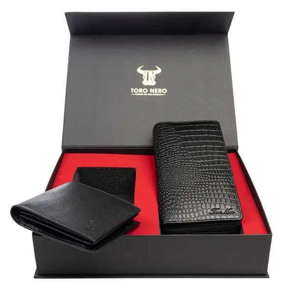 Set cadou portofel femei+ portofel barbati din piele naturala negru Gia-Muselles