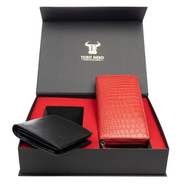 Set cadou portofel femei+ portofel barbati din piele naturala rosu Gia-Muselles